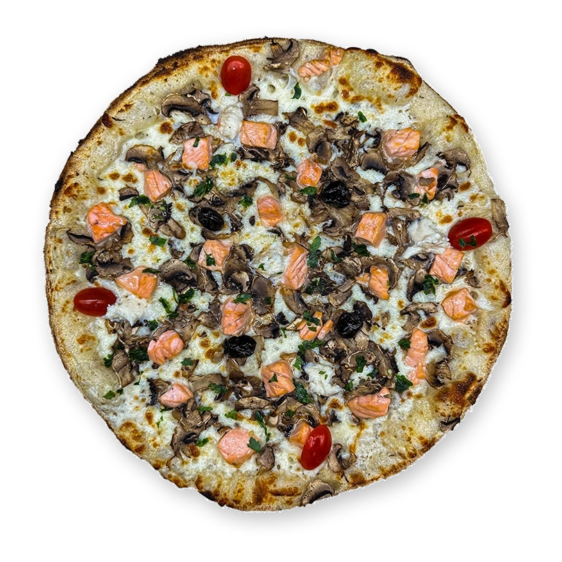 Pizza base crème atlantique avec morceaux de saumon